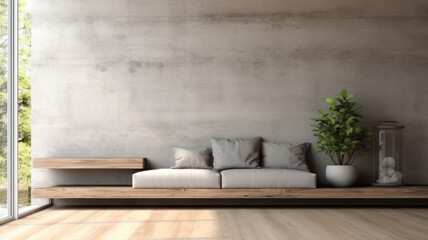 Modern contemporary loft empty room with sofa and nature view There are wooden stair plank wall and ceiling and blank concrete wall for copy space