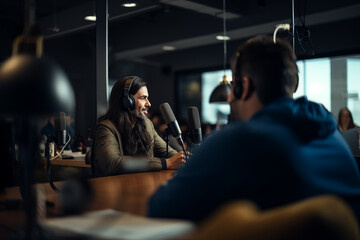 Long hair man on live stream radio podcast