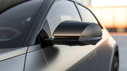 A closeup of the side mirrors highlights their slim and aerodynamic shape with a minimal profile that minimizes wind resistance and improves the cars overall airflow.