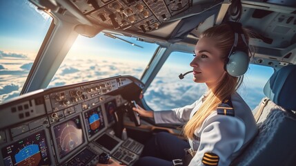 Woman Pilot Navigating Commercial Airplane Cockpit - obrazy, fototapety, plakaty