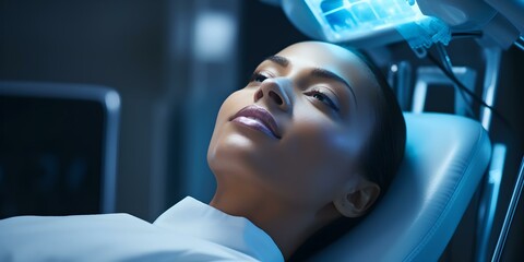 Relaxed woman receiving advanced skincare treatment. futuristic beauty clinic scene. wellness and health concept. high-tech aesthetic medicine. AI - obrazy, fototapety, plakaty