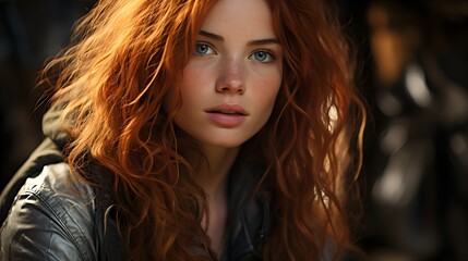 Naklejka premium fiery gaze: redhead in leather jacket