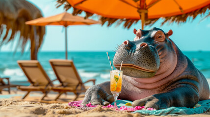 A Hippos in human clothes lies on a sunbathe on the beach, on a sun lounger, under a bright sun umbrella, drinks a mojito with ice from a glass glass with a straw, smiles, summer tones, bright rich co - obrazy, fototapety, plakaty