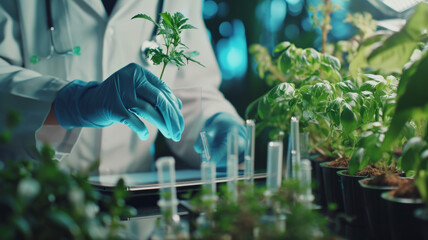 A woman in a laboratory works with blue liquid and green plants, conducting research in biotechnology, pharmaceuticals, and natural medicine. - obrazy, fototapety, plakaty