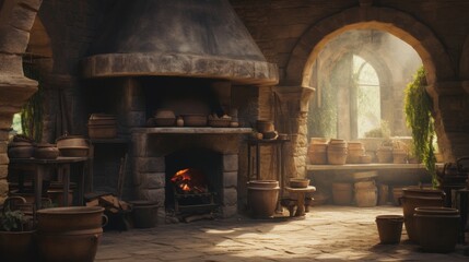 a medieval lavish indoor high-elven kitchen with multiple clay ovens - obrazy, fototapety, plakaty