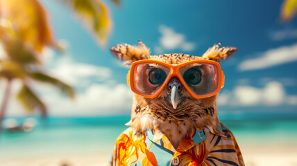 Owl Wearing snorkel masks and flippers, ready for a dive. dressed in a Hawaiian shirt, on the beach, summer tones, bright rich colors, cinematic - obrazy, fototapety, plakaty