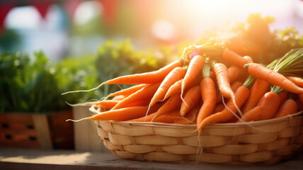 fresh carrot in basket on market background day light