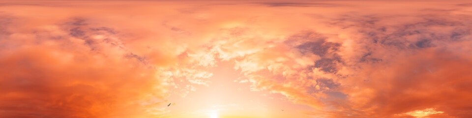 Sunset sky panorama with bright glowing pink Cumulus clouds. HDR 360 seamless spherical panorama. Full zenith or sky dome in 3D, sky replacement for aerial drone panoramas. Climate and weather change.