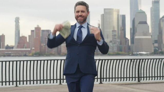 Businessman make money. Business easy money success. Successful finance businessman in stock market growth. Investment success. Man business trader count cash. Successful in earning. Exchange finance