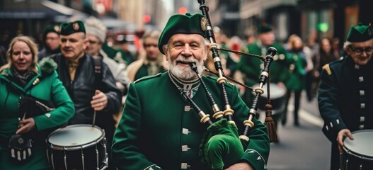 Fototapeta na wymiar St. Patricks Day parade with mature participants, traditional music, and vibrant green decorations.