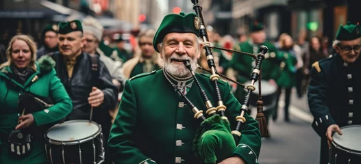 Fotobehang St. Patricks Day parade with mature participants, traditional music, and vibrant green decorations. © Postproduction