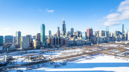 Aerial view,Cityscape,Chicago skyline viewed during the day in winter.