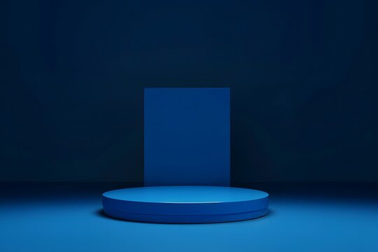 Round blue podium, simple stage and abstract shadows on blue background.