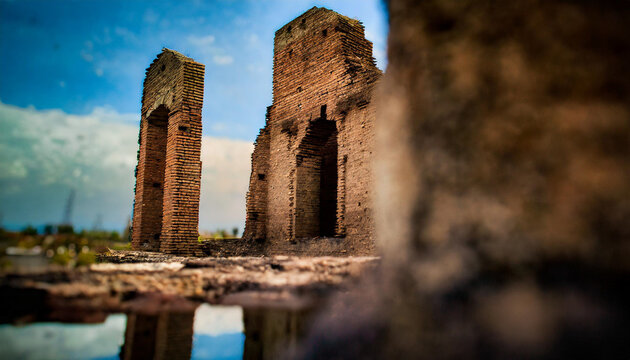 Blue sky and ancient town, puddles, ruins, ruins, close-up