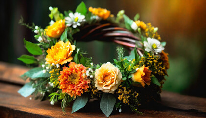 Flower crown, wreath, yellow, orange, spring, close-up