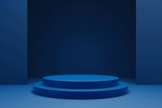 Round blue podium, simple stage and abstract shadows on blue background.