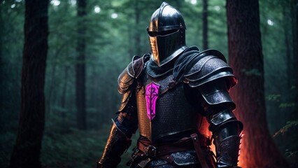 Close-up high-resolution image of a brave medieval knight walks in the magical forest.