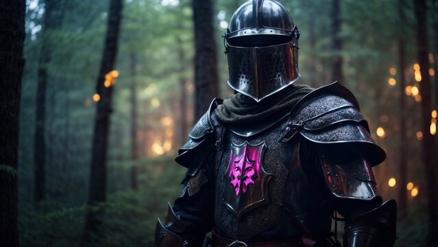 Close-up high-resolution image of a royal medieval knight walks in the magical forest.