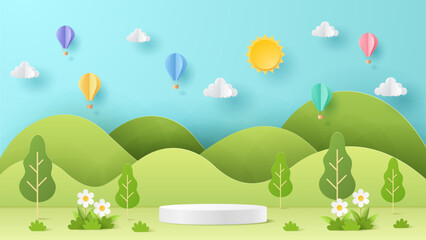 Podium in 3d paper cut style on spring summer season scene with sun , clouds, balloons, mountains on blue sky background. Green nature landscape backdrop for product display advertising, presentation.