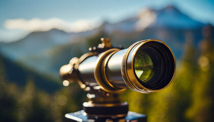 Old telescope, mountain range, landscape, forest, blue sky, close-up