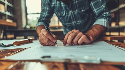 Close shot of a man signing a contract with a big copy space over desk, Generative AI.