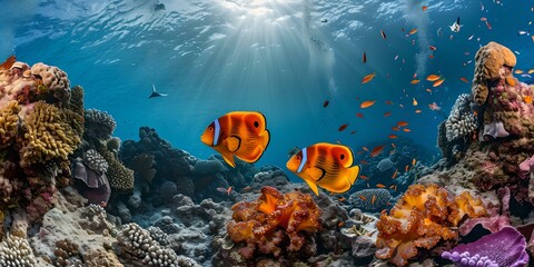 Vibrant underwater seascape with clownfish near coral reefs. panoramic ocean life image perfect for wall art or web use. colorful marine scene. AI