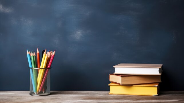 Stationary studying in class, stack of books and pencil set, apples on wooden table, with chalk blackboard background. School and science background theme.