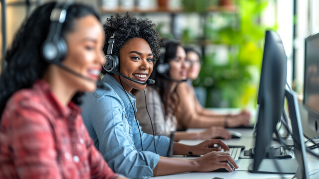 Multiethnic office team with headsets smiling as they work on computers, providing customer service and telemarketing support, selective focus 