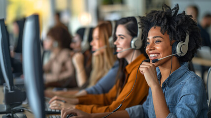 Multiethnic office team with headsets smiling as they work on computers, providing customer service and telemarketing support, selective focus  - obrazy, fototapety, plakaty