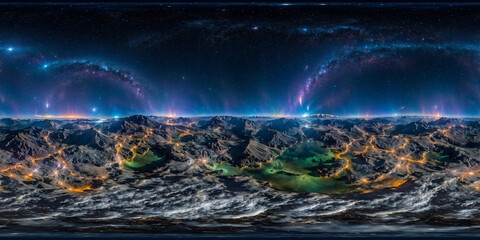 equirectangular panorama 360 degrees mountains colorful sky nebula
