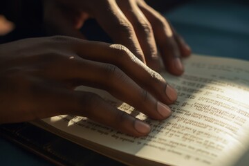 Close-up Hand with braille letters, blind man's hand with reading book 