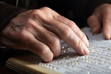 Fototapeta na wymiar Close-up Hand with braille letters, blind man's hand with reading book 