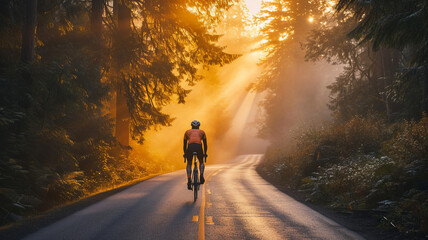 Solitary cyclist enveloped in a misty forest's embrace, a journey of solitude - AI Generative.