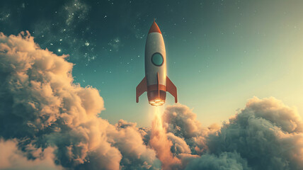 A rocket soars high, breaching clouds towards the stars - AI Generative.