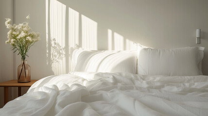 Fototapeta na wymiar Serene minimalist bedroom bathed in soft morning light for a peaceful ambiance AI Generative.