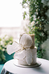 Two-tier wedding cake with a bow in the shape of a flower stands on a stand on the table