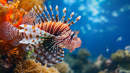 Naklejka na ściany i meble A lionfish swims in harmony with the ocean's depths, as mysterious as AI Generative.