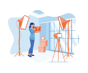 Fototapeta premium Young woman recording video using professional camera equipment. Vloggers ask online viewers to like and subscribe to their channels. Content Creator concept. Flat vector illustration.