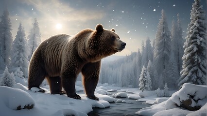 bear exploring a winter wonderland - obrazy, fototapety, plakaty