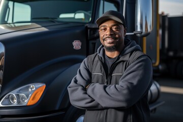 Confident black truck driver looking at camera. 
