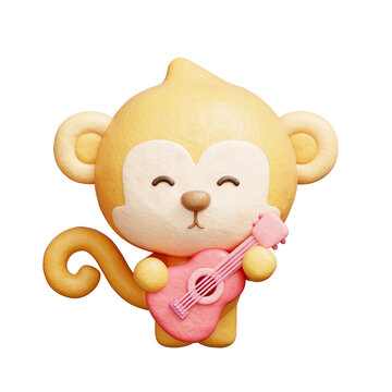 3D cute monkey playing guitar, Cartoon animal character, 3D rendering.