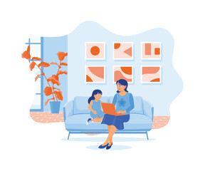 Young mother and daughter sitting on the living room sofa. Mother teaches children to use electronic devices. Virtual Relationships concept. Flat vector illustration.