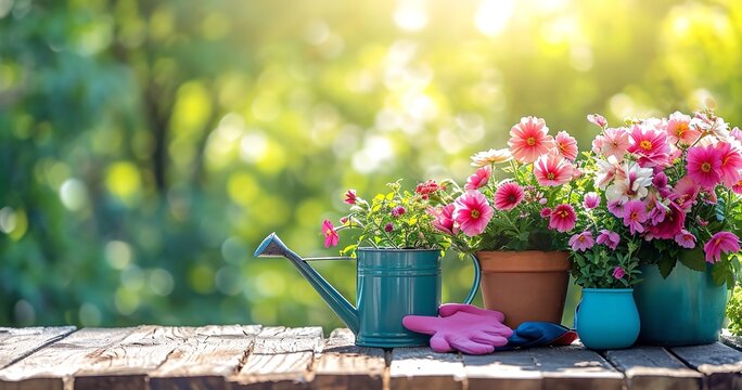 Close shot of colorful summer flower pots are in a wooden surface with copy space with morning sunshine, Generative AI.