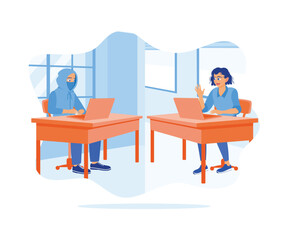 Young woman dating online with a fake boyfriend. They make video calls via laptop. Online Dating concept. Flat vector illustration.