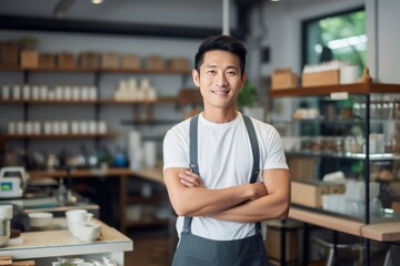 confident young asian entrepreneur standing in own company looking at camera arms crossed 