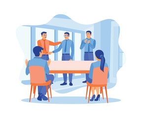 Boss and employee congratulating colleagues on successful business achievements. Happy business team, colleagues are rejoicing in the success concept. Flat vector illustration.