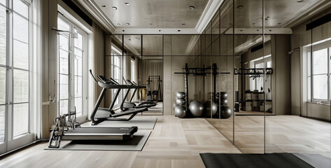 gym equipment on a treadmill, interior of a gym, person working out in gym, Photo of a Minimalist Home Gym with Mirrored Walls - obrazy, fototapety, plakaty