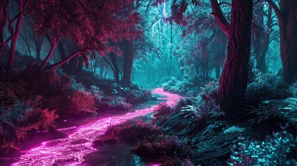 As you wander through the forest the neon path twists and turns leading you deeper into an enchanting world. - obrazy, fototapety, plakaty