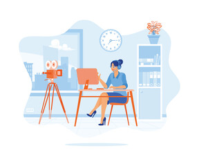 Female video editor wearing headphones and a microphone. Working on recordings on his personal computer at night. Video Editor concept. Flat vector illustration.