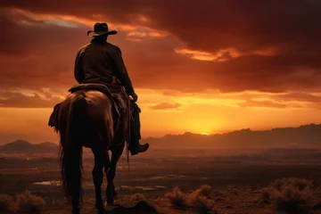 Fototapete Schokoladenbraun cowboy on horse with sunset landscape ,Equestrian sports, horses and transportation